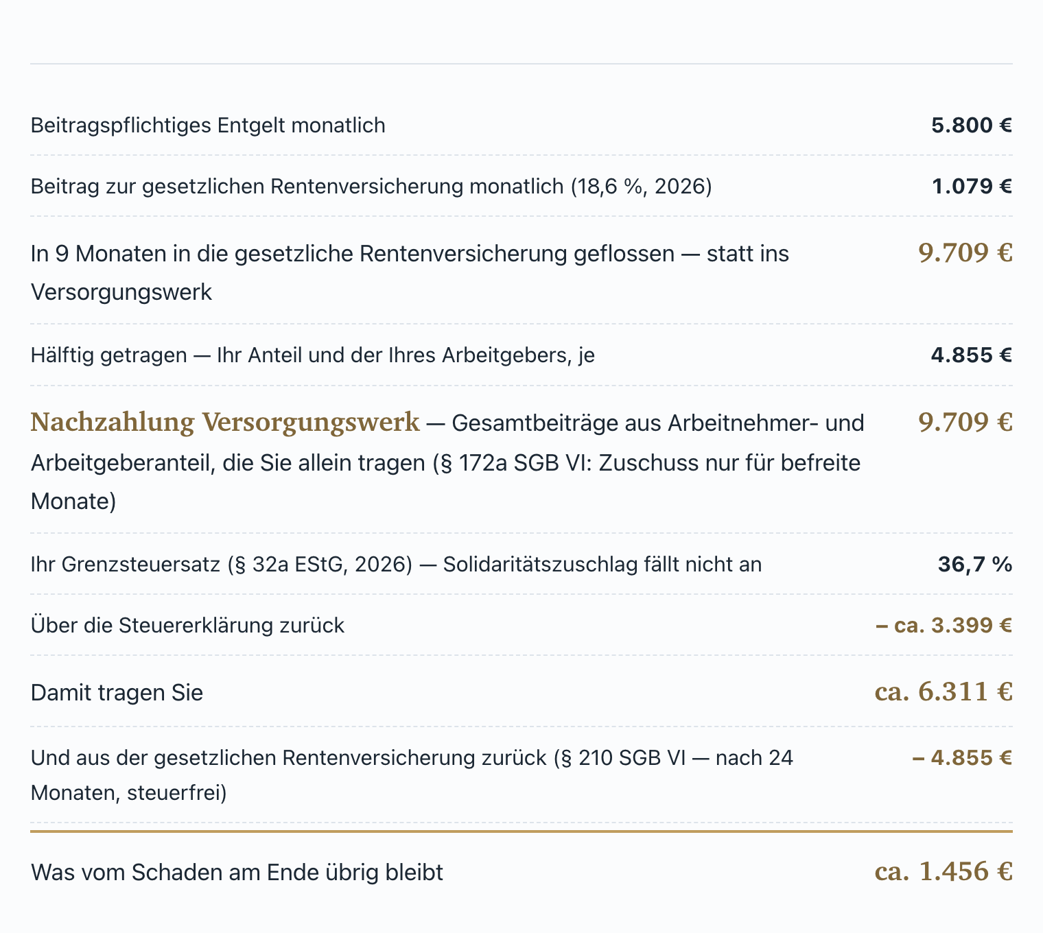 Befreiungs-Rechner: 5.800 € brutto, neun Monate ohne Befreiung. 9.709 € in die gesetzliche Rentenversicherung geflossen, 9.709 € Nachzahlung ans Versorgungswerk, 3.438 € über die Steuererklärung zurück, 4.855 € Erstattung nach § 210 SGB VI. Es bleiben 1.417 €.